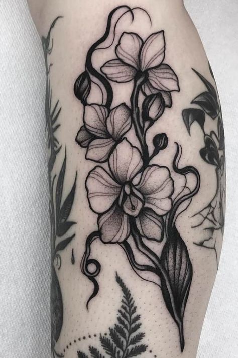 80+ Orchid Tattoos: Meanings, Tattoo Designs & Ideas Orchid Tattoo Meaning, Noir Tattoo, Black And White Tattoo, Orchid Tattoo, Omerta Tattoo, Floral Tattoo Sleeve, Floral Tattoo Design, Botanical Tattoo, Aesthetic Tattoo