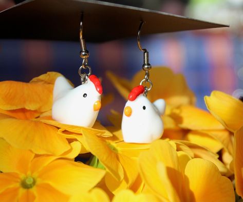 Chicken Earrings Clay, Clay Chicken Earrings, Chicken Clay Earrings, Funny Clay Earrings, Biscuit Earring, Fimo Clay Earrings, Wild Earrings, Chicken Earrings, Cottagecore Jewelry