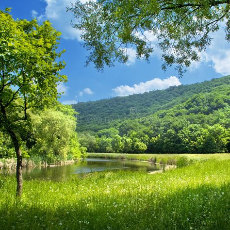 Summer landscape. With river, blue sky and mount , #AD, #river, #landscape, #Summer, #mount, #sky #ad Tumblr Water, Desktop Wallpaper Summer, Landscape With River, Nature Desktop, Spring Pictures, Nature Preserve, Paint Background, Summer Landscape, Summer Wallpaper