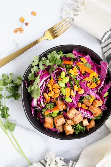 Crispy Tofu Thai Salad — Wholly Nourished Tahini Vinaigrette, Thai Tofu, Thai Salad, Tofu Salad, Thai Salads, Beautiful Salad, Grilled Tofu, Asian Salad, Crispy Tofu