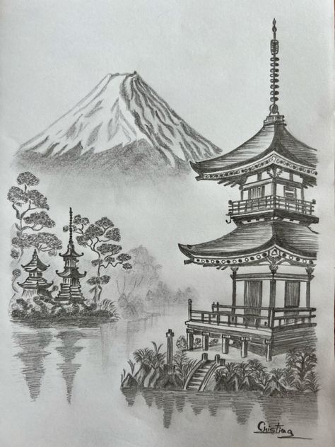 Japanese Temple (Pagoda) — Drawing - pencil sketch - A place I ... 💚💛💜💖 ... !!! Japanese Temple Drawing, Pagoda Drawing, Pencil Sketches Landscape, Temple Drawing, Japanese Nature, Japanese Pagoda, Creepy Drawings, Pencil Sketch Drawing, Japanese Temple