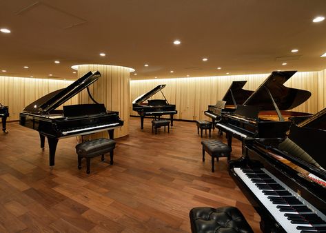 Piano Shop, Modern Restaurant Design, Grand Pianos, Baby Grand Pianos, Piano Room, Bookshelf Styling, Modern Restaurant, Art Deco Wallpaper, Music Shop