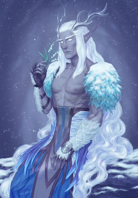 Prince Of Frost Dnd, Astral Elf Sorcerer, Snow Elf Art, Drider Male Art, Winter Eladrin Male, Moon Elf Male, Snow Character Design, Astral Elf Dnd, Winter Eladrin