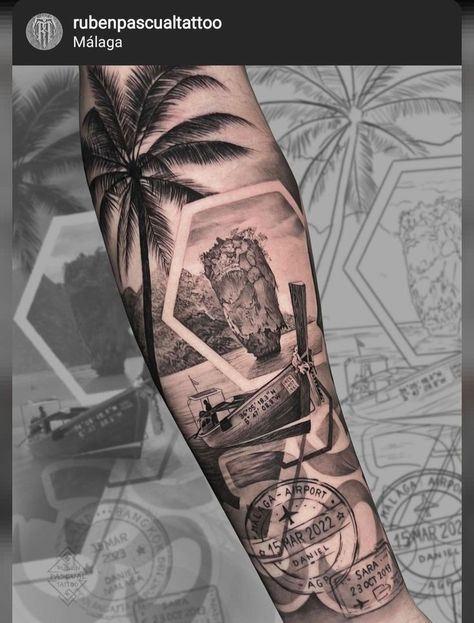 Travel Leg Sleeve Tattoo, Block Island Tattoo, Travel Sleeve Tattoo, Frame Tattoo Design Square, Colombia Tattoo Ideas, Colombia Tattoo, Nautical Tattoo Sleeve, Unique Half Sleeve Tattoos, Nature Tattoo Sleeve