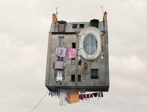 Illusion that defies weight and defamiliarizes the home Floating House, French Photographers, French Artists, Magazine Design, Upside Down, The Line, Design Shop, Habitat, Surrealism