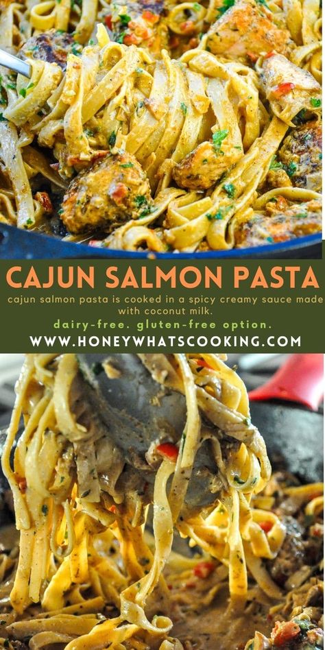 Cajun Salmon Pasta (dairy-free, gf option) Healthy Seafood Pasta Recipes, Seafood Cajun Pasta, Vegan Salmon Pasta, Cajun Seafood Alfredo Pasta, Food For Pescatarians, Meals For Pescetarian, Pasta For Salmon, Creamy Cajun Salmon Pasta, Cajun Pasta With Salmon