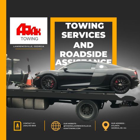 Roadside Assistance and Towing services - Atlanta, GA ✔️Contact us! (404) 513-5846 ajaktowing.com #LawrencevilleGA #towing #roadsideassistance #classiccartowing Magazine Cover Page, Towing Service, Food Poster Design, Car Service, Roadside Assistance, Transportation Services, Tow Truck, Food Poster, Automotive Industry