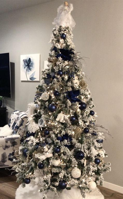 My navy blue 1 out 8 Christmas trees!  How I love Christmas! Christmas Tree Navy Blue And Silver, Navy Blue Christmas Tree, Navy Christmas Tree, Navy Blue Christmas, Navy Christmas, I Love Christmas, Blue Christmas Tree, White Christmas Decor, Christmas Inspo