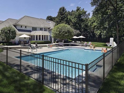 Pool With Black Fence, Aluminum Fence Around Pool, Black Aluminum Fence Around Pool, Aluminium Pool Fence, Pool With Fence Around It, Wrought Iron Pool Fence, Fence Around Pool, Aluminum Fencing, Black Fence