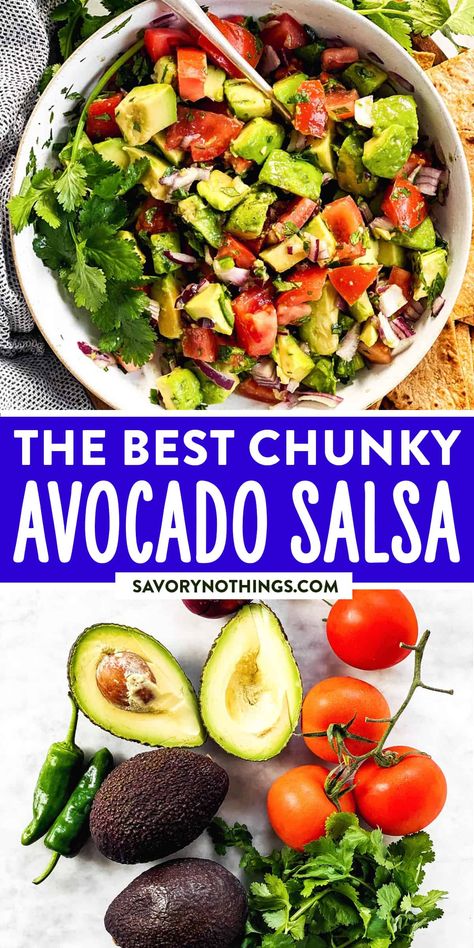 A large bowl of Chunky Avocado Salsa is a great way to brighten up a meal! We like it as a side salad or as healthy addition to a chips and dip spread. Full of fresh flavors and an absolute breeze to whip up. | #salsa #dip #chipsanddip #mexicanfood #mexicanrecipes #mexicaninspired #cincodemayo #healthyfood #healthyrecipes #healthycooking #healthyeating #salad #avocado Spicy Avocado Salsa, Fajita Bar, Work Potluck, Salsa Salad, Healthy Dip, Avocado Salsa Recipe, Salad Avocado, Cucumber Salsa, Chunky Guacamole