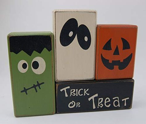 Amazon.com: Trick Or Treat with Frankenstein, Ghost, Pumpkin-Primitive Wood Sign Shelf Sitting Blocks-Holiday, Seasonal, Halloween, Fall, Home Decor : Handmade Products Halloween Wood Blocks, Fall Wood Crafts, Pumpkin Canvas, Halloween Party Snacks, Halloween Wood Crafts, Wood Block Crafts, Bar Inspiration, Adornos Halloween, Shelf Sitters