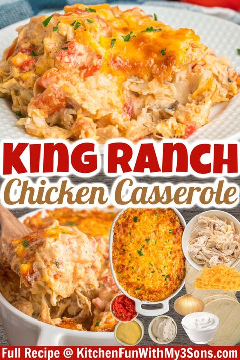 Creamy and cheesy King Ranch Chicken Casserole is a Southern staple that makes the most comforting meal ever! With melty cheese, chicken, and southwest ingredients add a lot of flavor to this easy casserole with minimal work. Casserole Dish Recipes, King Ranch Casserole, King Ranch Chicken Casserole, Recipes Using Rotisserie Chicken, King Ranch Chicken, Casserole Side Dishes, Chicken Casserole Easy, Ranch Chicken Casserole, Ranch Recipe