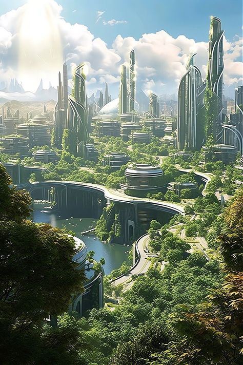 Hydropunk City, Futuristic City Landscape, Solarpunk City Concept Art, Futuristic Nature City, Sci Fi Landscape Concept Art, Fantasy Futuristic City, Sci Fi Nature, Solar Punk Architecture, Sci Fi Fantasy Aesthetic