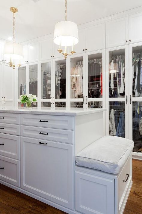 Closet island bench Closet Bench, Transitional Closet, Gorgeous Closet, Master Closet Design, Closet Island, Ikea Closet, Amazing Closets, Walking Closet, Dream Closet Design