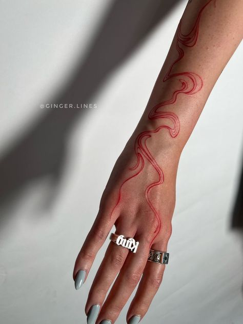 Hand Abstract Tattoo, Swirl Back Tattoo, Abstract Liquid Tattoo, Red Tattoo Abstract, Flame Tattoos Feminine, Abstract Line Tattoo Arm, Liquid Tattoo Design, Abstract Tattoo Lines, Red Lines Tattoo