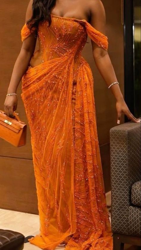 Pretty African Dresses, Orange Asoebi Lace Styles, Orange Lace Asoebi Styles, Traditional African Wedding Dress, Nigerian Gown, Nigerian Bridesmaid Dresses, Wedding Asoebi, Gele Styles, Aso Ebi Lace Styles