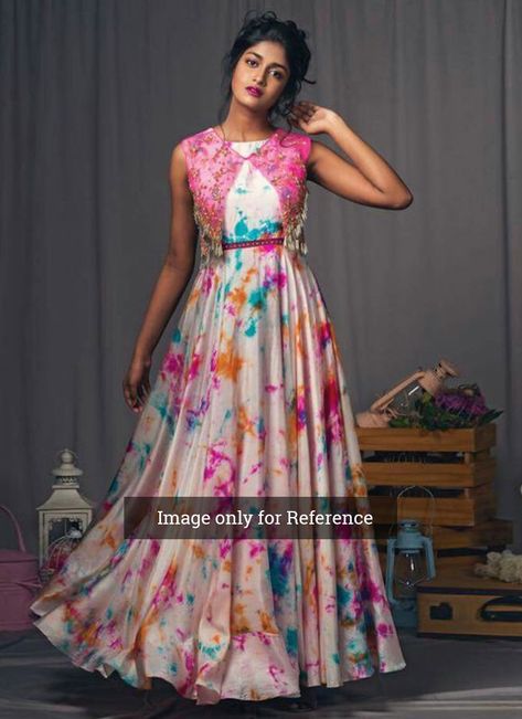 Multicolor Digital Printed Satin Coldshoulder Gown With Jacket Umbrella Dress Pattern, Umbrella Gown, Simple Frock, Pola Rok, Umbrella Dress, Anarkali Dresses, Floral Frocks, Long Gown Design, Shrug For Dresses