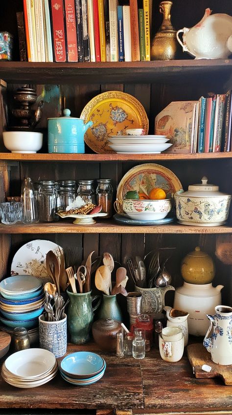 Slow Living Kitchen, Maximalist Dishes, Eclectic Home Kitchen, Kitchen Cookbook Display, Eclectic Dinnerware, Bowls Of Fruit, Kitchen Showcase, Kitchen Shelves Styling, Cookbook Display