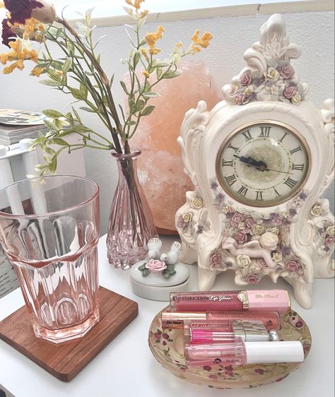 Vintage Bedside Table Ideas, Coquette Bedside Table, Coquette Nightstand, Moodboard Coquette, Dior Flowers, Pink Clocks, Caravan Ideas, Floral Clock, Clock Bedroom