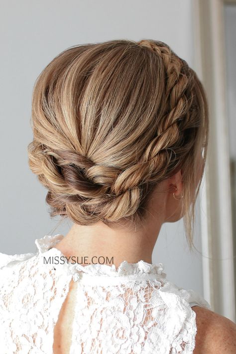 Crown Twist Braid | MISSY SUE Crown Braid With Bun, Bridal Twist Updo, Crown Twist Hairstyle, Bridal Braid Crown, Twist Crown Hairstyles, Braid Crown Wedding, German Braids Hairstyles, Mountain Marriage, Farrah Hair