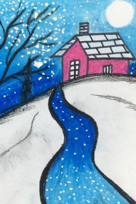 How to draw snowfall scenery in winter season #scenerydrawing #snowfallscenery #winterscenery Summer Season Drawing, Drawing With Pastels, Snowman Drawing, Paintings Christmas, Drawing Winter, Winter Drawing, Easy Scenery Drawing, Winter Paintings, Winter Drawings