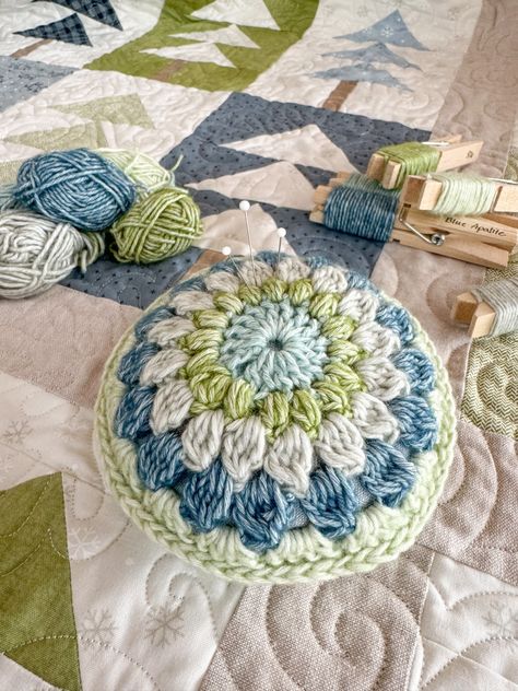 Crocheted pin cushions from Carried Away Quilting Crochet Pin Cushion, Granny Stripe Blanket, Metal Crochet, Popcorn Stitch, Striped Blankets, Puff Stitch, Sport Weight Yarn, Crochet Mandala, Pin Cushion