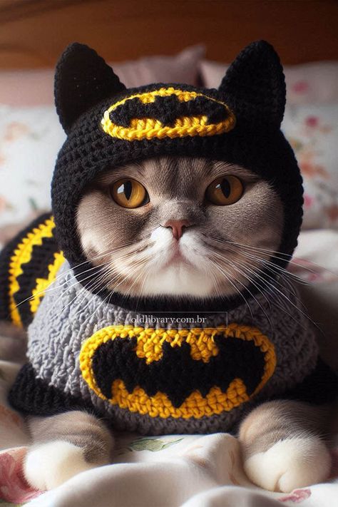 Create a crochet Batman costume for cats with our detailed DIY guide. Perfect for turning your feline into a superhero! Funny Crochet Hat, Costumes For Pets, Costume For Cats, Crochet Batman, Pet Crochet, Sew Halloween Costume, Batman Cat, Cat Halloween Makeup, Crochet Cat Hat