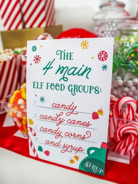 Elf Movie Night, Movie Night Christmas, Elf Movie Party, Elf Food Groups, Elf Food, Elf Themed Christmas Party, Elf Centerpieces, Movie Night Food, Adult Christmas Party