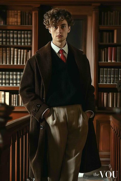 Celestial Academia Aesthetic Outfit, Vintage Academic Style, Men Fashion Dark Academia, Eton College Aesthetic, 90s Academia Outfits, Inventor Outfit Male, Old Suits Men, Dark Academia Student Aesthetic, Librarian Aesthetic Outfit Male