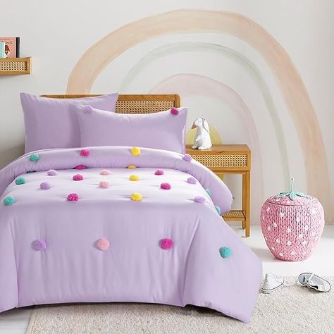 Amazon.com: HOMBYS Pom Poms Bedding Comforter Set for Girls, 5 Piece Purple Boho Kids Comforter Set for All Season，Twin/Twin XL Size : Home & Kitchen Pastel Unicorn Bedroom, Pink And Purple Bedroom Kids, Purple Toddler Room, Pastel Rainbow Bedroom, Teal And Pink Bedroom, Pink And Purple Bedroom, Unique Kids Bedrooms, Colorful Kids Bedroom, Sisters Room