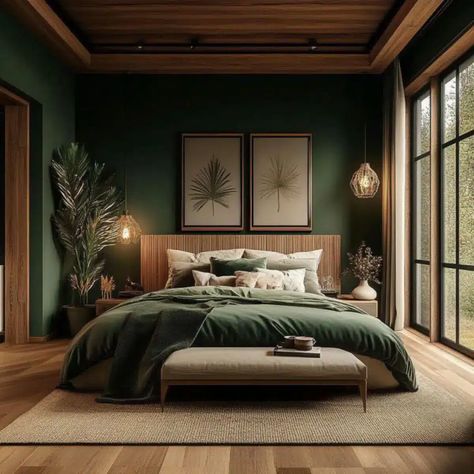 Modern Forest Bedroom, Woodsy Master Bed, Masterbedroom Luxe Design, Dark Green Farmhouse Bedroom, Modern Bedroom Accent Wall Ideas, Dark Green Master Bedrooms Decor, Green Master Bed, Moody Coastal Bedroom, Textured Walls Bedroom