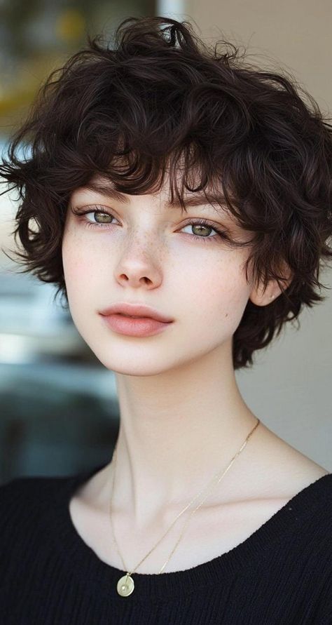 Get the perfect blend of style and ease with short haircuts for curly hair. These cuts bring out the natural volume and movement of your curls, giving you a fresh, modern look. Perfect for anyone who wants a low-maintenance yet stylish cut that shows off their unique texture. Short Curly Haircut For Round Faces, Super Short Curly Haircuts For Women, Short Hairstyle Women Thick Hair Curly, Short Unique Haircuts, Short Brunette Hair Pixie, Plus Size Pixie Cut, Short Hairstyle Women Curly Hair, Curly Pixie Cuts Round Face Curls, Shorter Curly Hair