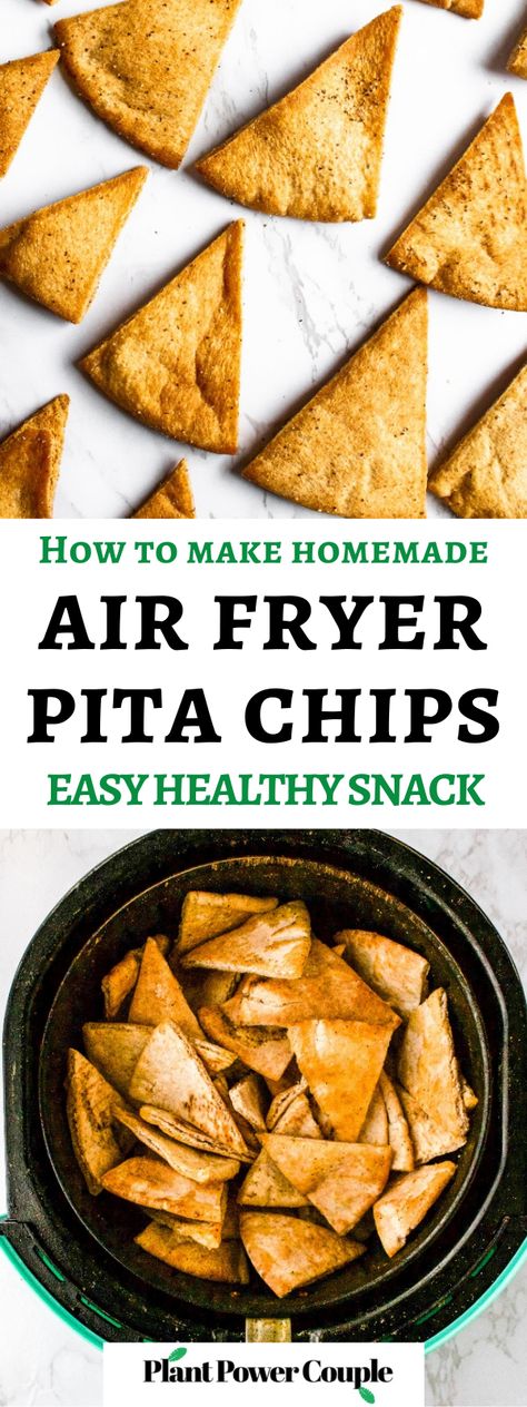 Top photo of pita chip triangles laid out on a table. Text in between reads "how to make homemade air fryer pita chips easy healthy snack". The bottom photo is a shot of pita triangles in an air fryer basket. Homemade Pita Chips Air Fryer, Air Fryer Crackers, Air Fryer Pita Chips, Cava Pita Chips, Copycat Cava, Cinnamon Sugar Pita Chips, Chips In The Air Fryer, Pita Chips Recipe, Homemade Pita Chips