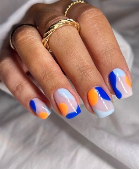 Blue White Orange Nails, Orange Blue White Nails, Blue Orange And White Nails, Dark Blue And Orange Nails, Navy Blue And Orange Nails, Blue And Orange Nail Ideas, Orange And Blue Nails Design, Navy And Orange Nails, Orange Blue Nails