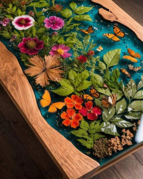 🌸🌿 Bring nature indoors with this vibrant floral and butterfly epoxy resin table. The intricate details and bright colors create a lively centerpiece that's sure to brighten up any room. Tap ❤ if you're inspired by nature and follow us for more unique resin creations!⁣ #resinart #coastalliving #interiorinspo #coffeetable #interiorinspiration #interiordecorating #tranquility #interiorstyle #decorating #interiør #woodwork #diningroom #homestyling #homeinterior #interiorandhome #decorator #ilum... Diy Moss, Resin And Wood Diy, Moss Rug, Resin Countertops, Epoxy Resin Table, Resin Design, Resin Furniture, Diy Resin Art, Resin Table