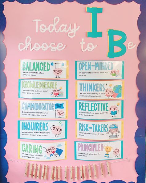 Bulletin board dedicated to students daily choosing an IB learner profile to focus on! Learner Profile Display Bulletin Boards, Pyp Bulletin Board Ideas, Ib Bulletin Board Ideas, Ib Bulletin Boards, School Abroad, Ib Pyp Classroom, Parent Room, Pyp Classroom, Ib Classroom