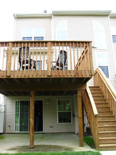 Second Story Deck Ideas On A Budget, Elevated Deck Ideas, Second Story Deck Ideas, Cabin Exterior Ideas, Walkout Basement Patio, Easy Deck, Second Story Deck, Garage Loft, Dream Deck