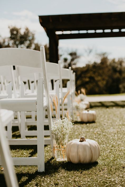 Pumpkins Down The Aisle, Fall Pew Decorations, Mums Fall Wedding, Aisle Decorations Wedding Fall, Fall Wedding White Pumpkins, Pumpkins Down Wedding Aisle, Pumpkin Lined Wedding Aisle, Ceremony Aisle Decor Outdoor Fall, Fall Alter Decorations