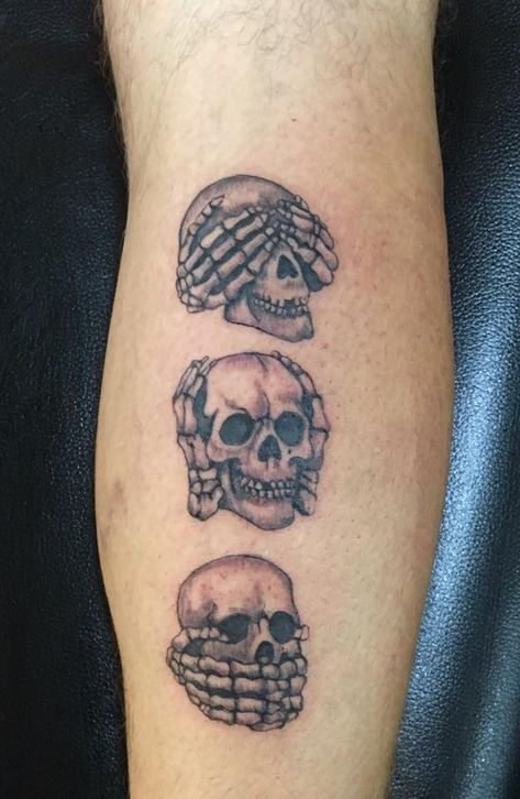 Skull version of 3 wise monkeys 4 Skulls Tattoo, Meaningful Skull Tattoos, Three Skulls Tattoo, 3 Skulls Tattoo, 3 Wise Monkeys Tattoo, 3 Monkeys Tattoo, Small Skull Tattoos For Men, Wise Monkeys Tattoo, Piercing Designs