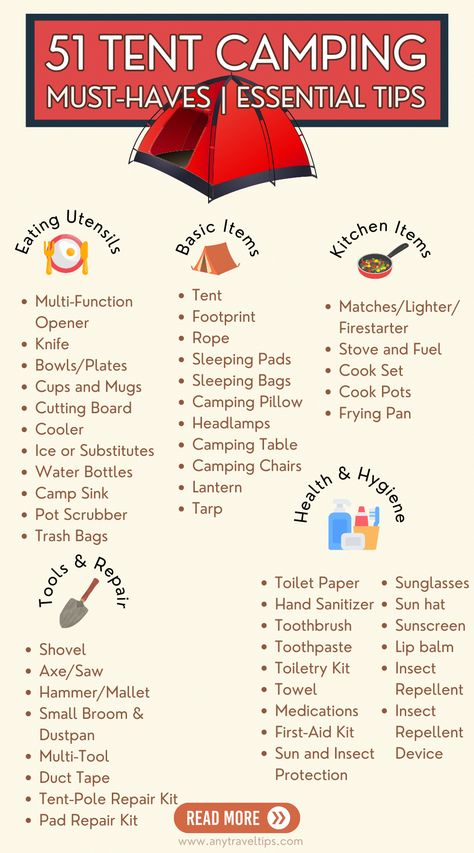 Camping Necessities For Women, Camping Supplies List, Basic Camping Essentials, Must Have Camping Supplies, Camping Tent Set Up, Summer Camping Meals, Things To Bring Camping, Food To Bring Camping, Camping Essentials For Women