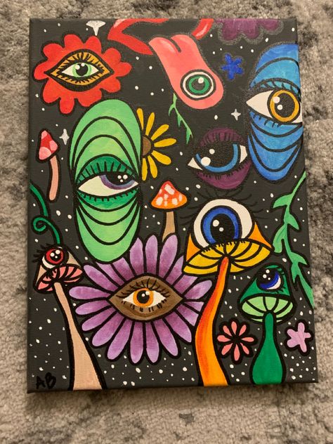 indie artwork by me! trippy eyes mushrooms and flowers. If interested in buying this piece please contact me through my instagram. >>> imxalexis16 Trippy Drawing Ideas Easy, Trippy Drawing Ideas, Trippy Drawings, Arte Indie, Drawing Ideas Easy, Psychadelic Art, Trippy Painting, Hippie Painting, Simple Canvas Paintings