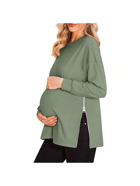 Fashionable and comfortable, the perfect choice for your wardrobePiePieBuy Women's Maternity Shirts Long Sleeve Sweatshirt Zipper Split Side Pregnancy Casual Tunic Top Green Casual  Long Sleeve  Plain Pullovers   Women Clothing, size features are:Bust: ,Length: ,Sleeve Length: Maternity Shirts, Tunic Tops Casual, Shirts Long Sleeve, Sweatshirt Zipper, Womens Maternity, Pregnancy Shirts, Long Sleeve Sweatshirt, Care Package, Women Pullover