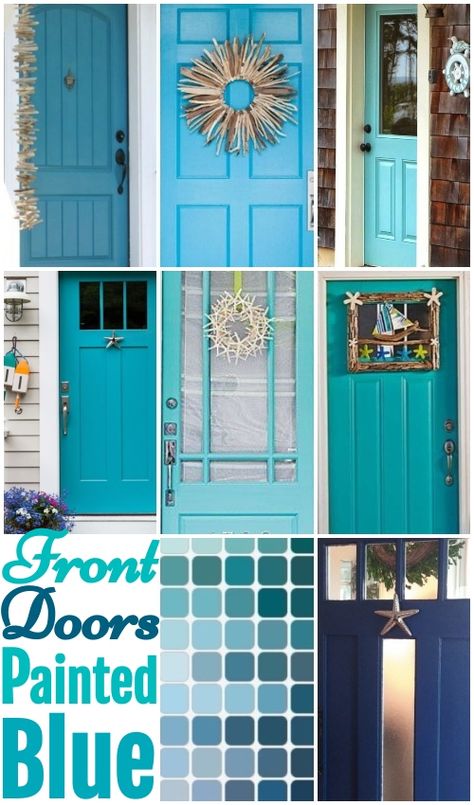 Paint your front door blue for coastal appeal. Blue paint ideas for the front door featured on Completely Coastal. Then add some coastal decorations to your blue painted front door! Beach Blue Front Door, Turquoise Doors Front Entrance, Shed Door Color Ideas, Teal Blue Front Door, Teal Entry Door, Turquoise Doors On Houses, Exterior Door Paint Ideas, Beach House Front Door Colors, Turquoise Front Door Colors