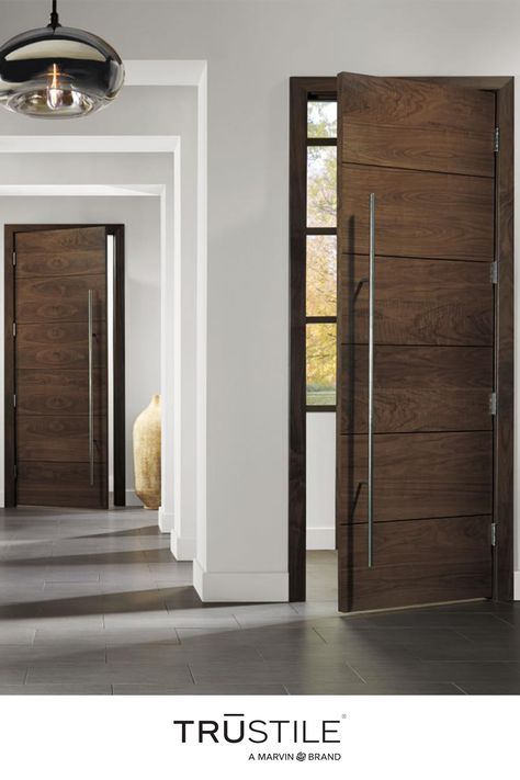 Visually expand and heighten any interior design with dark wood interior doors against a light backdrop. 🚪TMIR6000 in Walnut Glass Sliding Door Design, Halloween Door Decorations For Home, Door Design Modern Interior, Home Interior Doors, Door Decorations For Home, Brown Interior Doors, Halloween Door Ideas, Mountain Home Interiors, Modern Interior Door