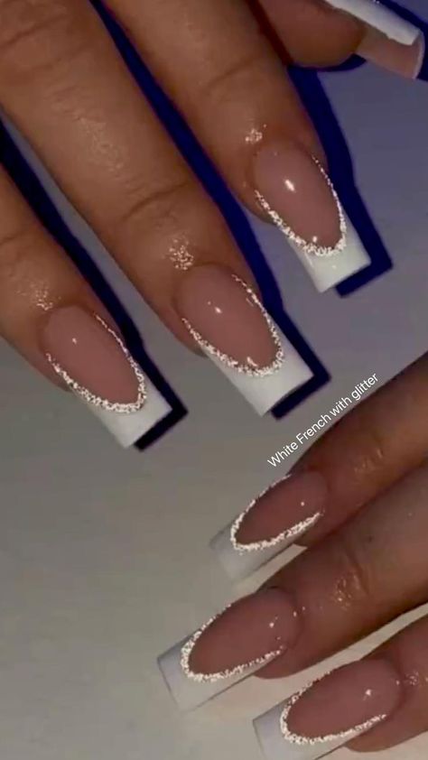 French White Sparkle Nails, Long French Tip Nails With Glitter, French Nails With Sparkle Line, Glitter Line French Tip, White French With Glitter Line, French Tip With Silver Glitter Line, Sparkles French Tip Nails, Glitter Lined French Tips, French V Nail Designs