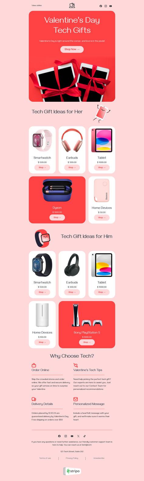 Valentine’s Day email template "Tech gifts" for gadgets industry. Create professional, responsive emails fast with no coding skills. Follow us on Pinterest for more inspiration and tips. 🤗 #valentinesday #stripoemail #emailtips #emailnewsletter #emailtemplate #emaildesign #emailmarketing #emaildesignlayout Coding Skills, Holiday Emails, Email Template Design, Responsive Email, Email Newsletter Design, Holiday Campaign, Email Template, Newsletter Design, Email Design