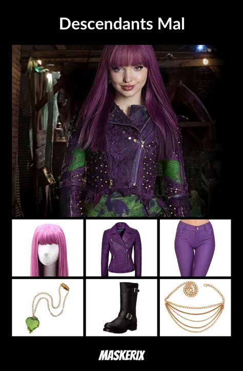 Mal Decendents Costumes, Diy Mal Costume Descendants, Descendants Costumes Diy, Descendants Halloween Costumes, Mal Descendants Outfit, Decendents Costumes, Mal Costume Descendants, Mal Halloween Costume, Daphne Halloween