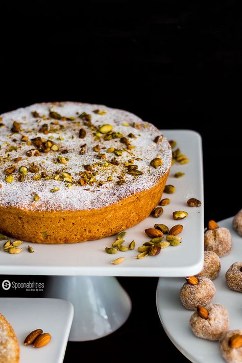 Persian Almond Cardamom Pistachio Cake is a moist and aromatic dessert recipe. Featuring Pure Cottonseed oil from Acala Farms. Available at Spoonabilities.com Persian Cake, Persian Desserts, Almond Macaroons, Passover Desserts, Tiramisu Dessert, Iranian Food, Pistachio Cake, Arabic Sweets, Almond Cake