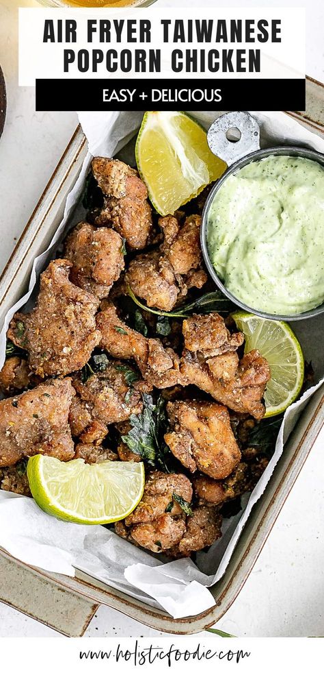 This flavourful Taiwanese Popcorn Chicken is made in the air fryer for a quick and easy appetizer. Serve it with a Thai basil dip on the side and enjoy! Basil Dip, Taiwanese Popcorn Chicken, Popcorn Chicken Recipe, Quick And Easy Appetizers, Popcorn Chicken, Thai Basil, Air Fryer Healthy, Intuitive Eating, Delicious Dinner Recipes