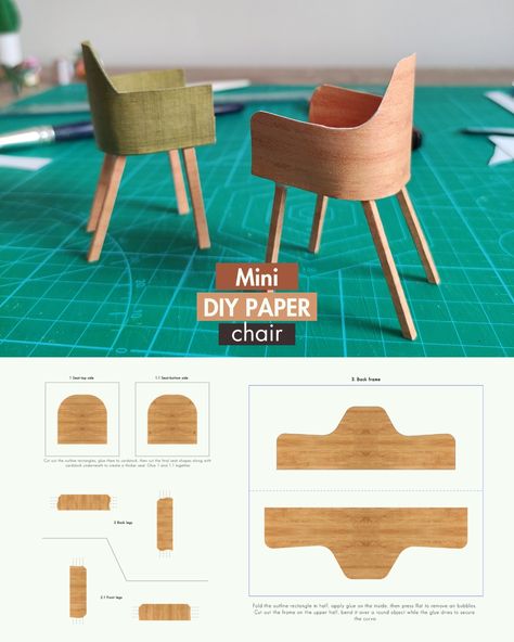 Explore the creative potential of crafting dollhouse miniatures using just paper and printable templates. Simply print, cut, and fold to transform 2D sheets into tangible 3D miniatures. With this template, you can easily create a 1:12 scale modern chair using only a single sheet of paper, along with some leftover cardstock, glue, and scissors. Mini Chair, Paper Furniture, Dollhouse Miniature Tutorials, Miniature Chair, Doll Furniture Diy, Diy Barbie Furniture, Diy Doll Miniatures, Mini Doll House, Doll House Crafts